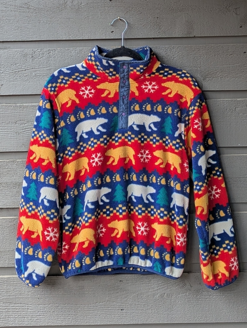 LL Bean Vintage RARE Fleece T Snap USA Made Pawprints Bears Snow Kids Large
